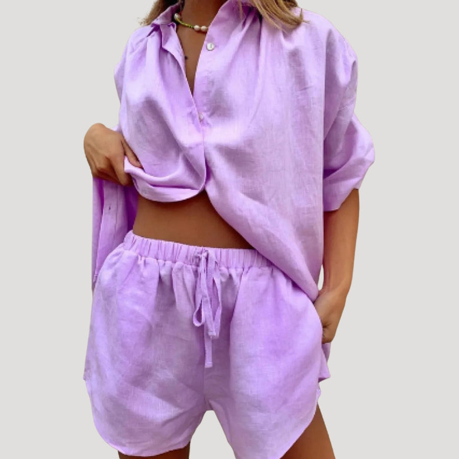 Damen Leinen Set – Oversize Hemd & Shorts Sommer