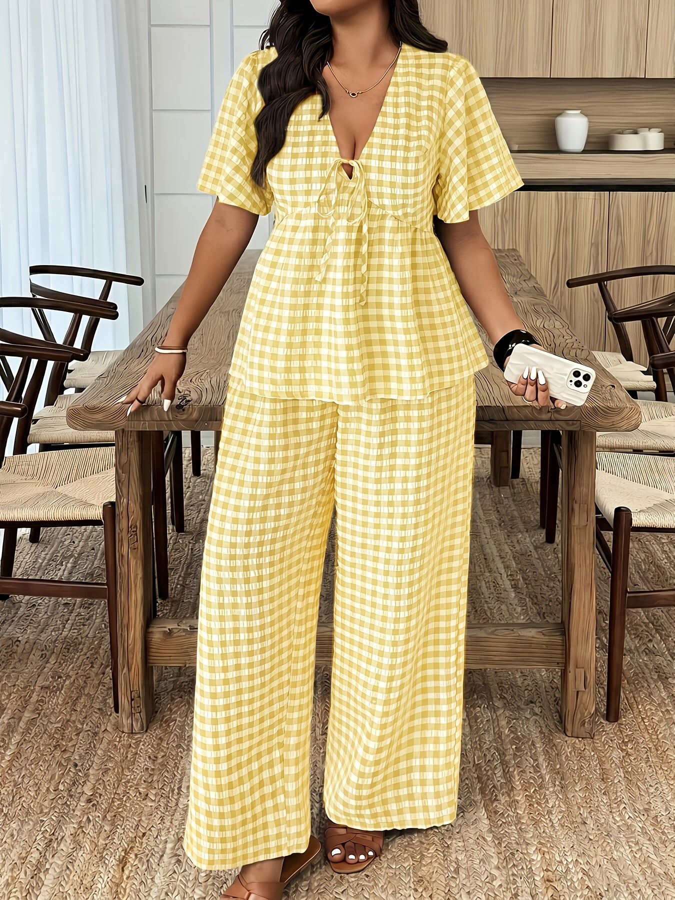 Damen Gingham Set mit Bluse und Weiter Hose