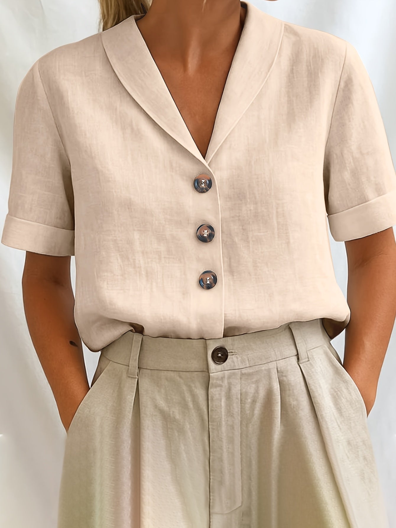 Damen Bluse – Locker & Reverskragen Kurzarm Einfarbig