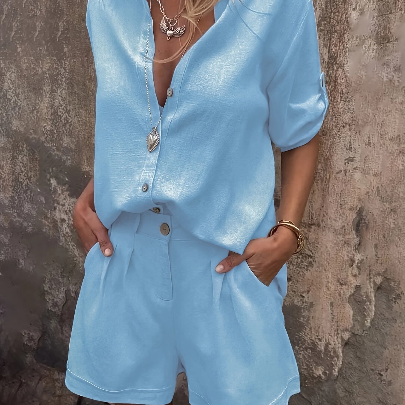 Damen Zweiteiliges Leinen-Set mit Oversize-Hemd und Shorts