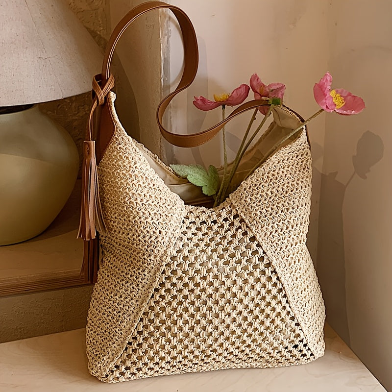 Boho Damen Tote Bag aus Stroh mit Viel Stauraum