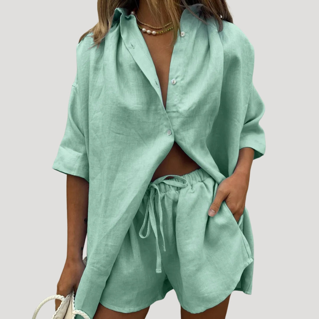 Damen Leinen Set – Oversize Hemd & Shorts Sommer