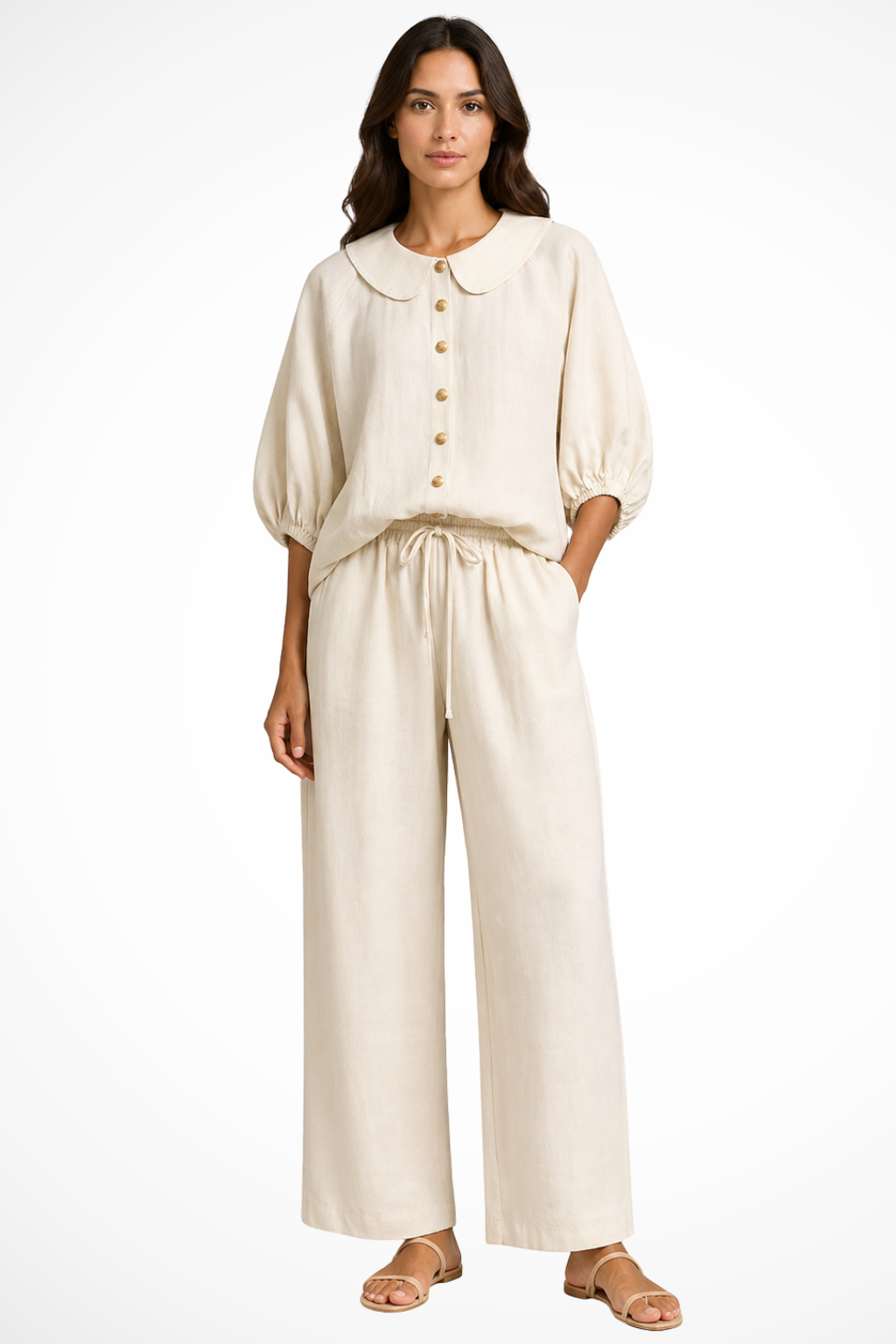 Cordelia Damen Leinen Set – Bluse mit Peter-Pan-Kragen & Weite Hose