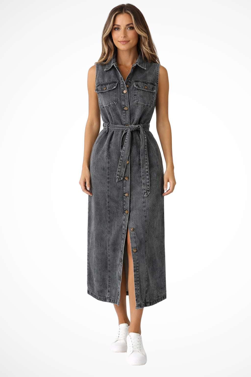 Lottie | Damen Denim Maxikleid – Ärmellos & Mit Gürtel Elegant