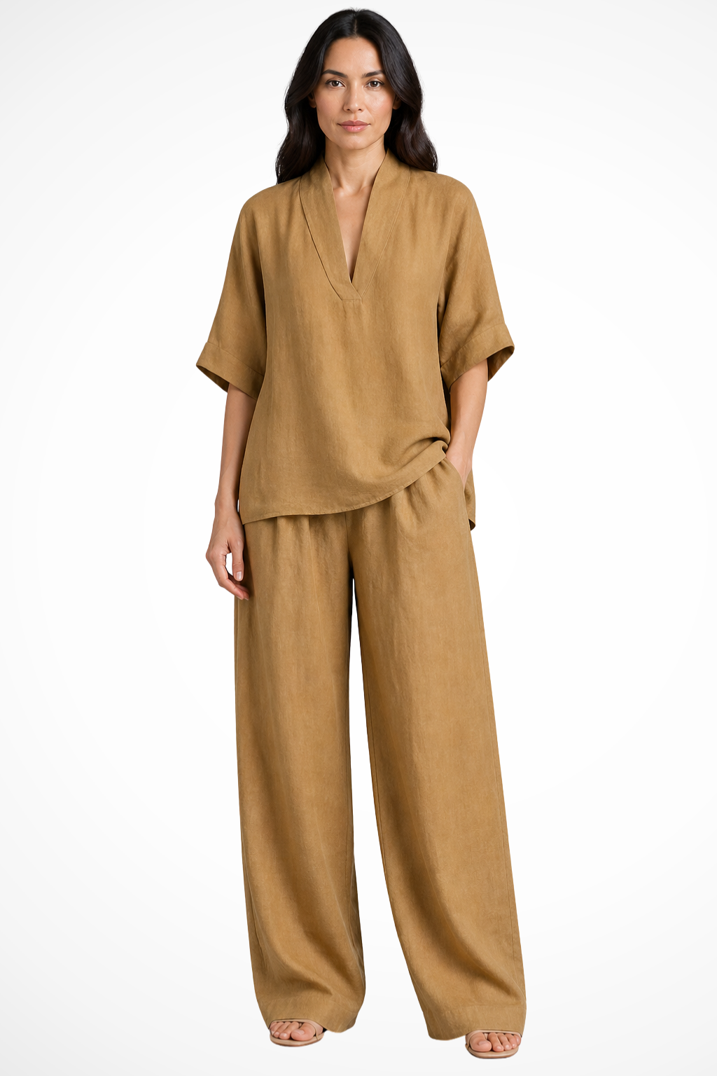 Rosalind Damen Leinen Set – V-Ausschnitt Top & Weite Hose