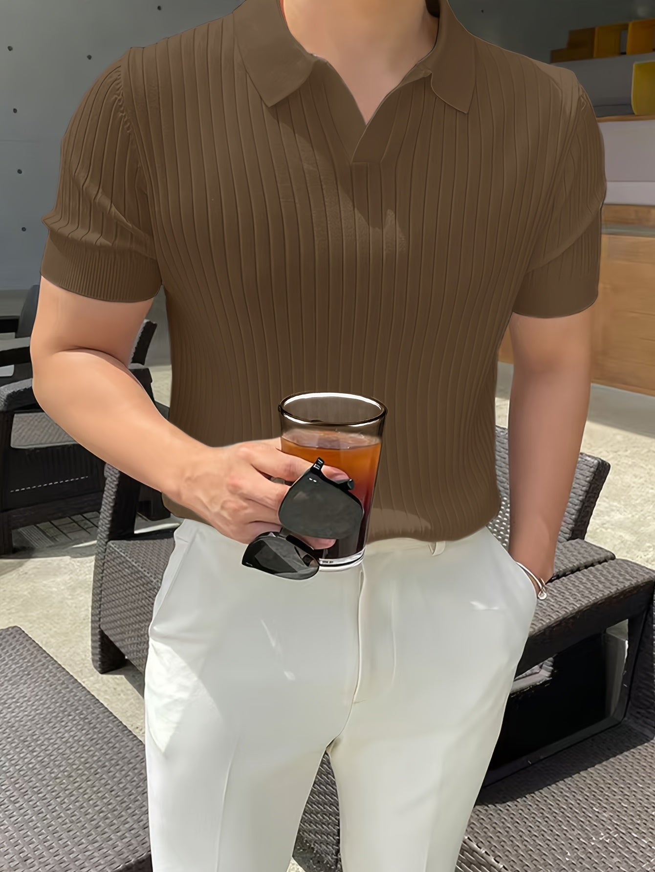 Herren Polo Shirt – Gestreift Struktur & Kurzarm Lässig