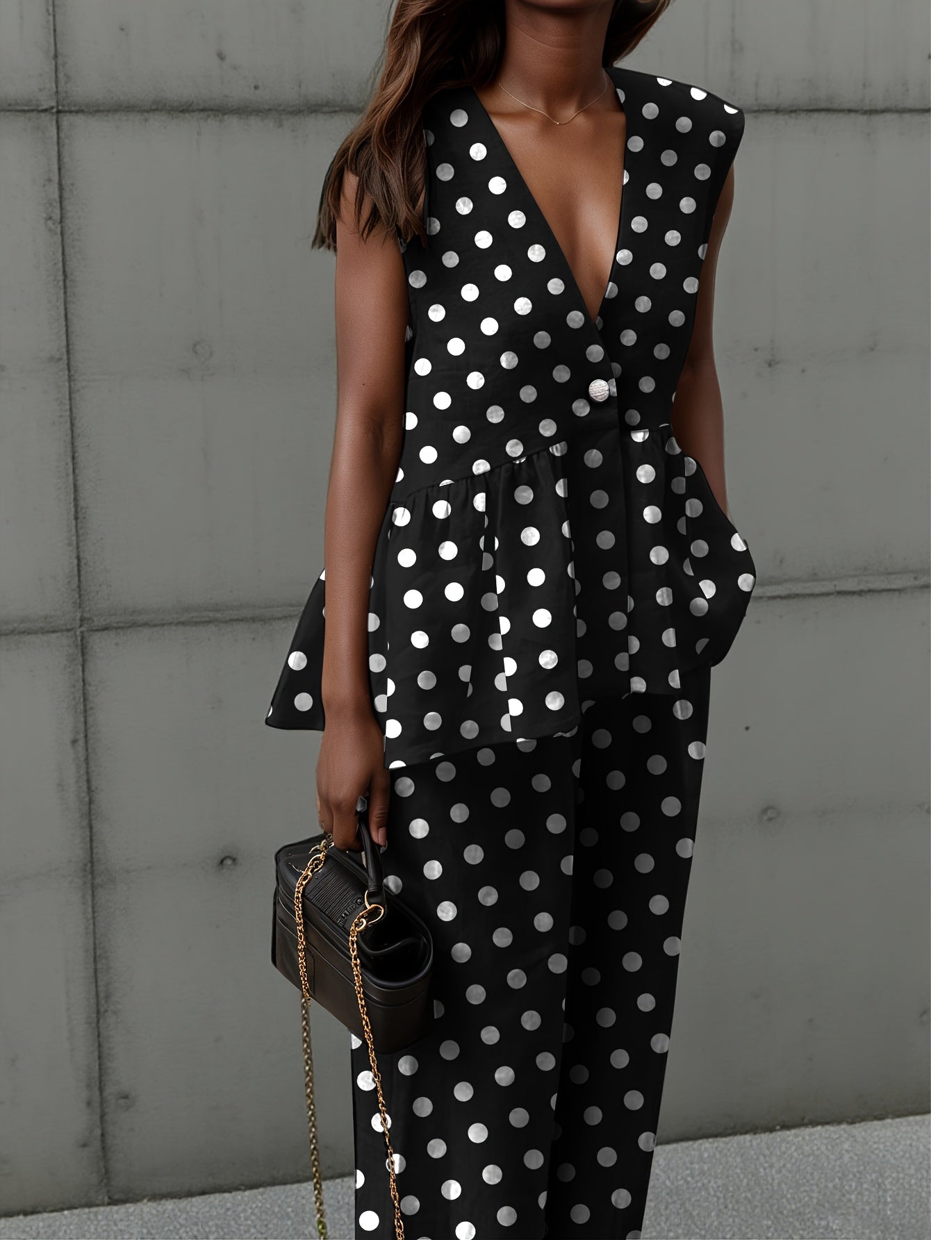 Damen Zweiteiliges Vintage Set mit Tupfen-Top und Weiter Hose