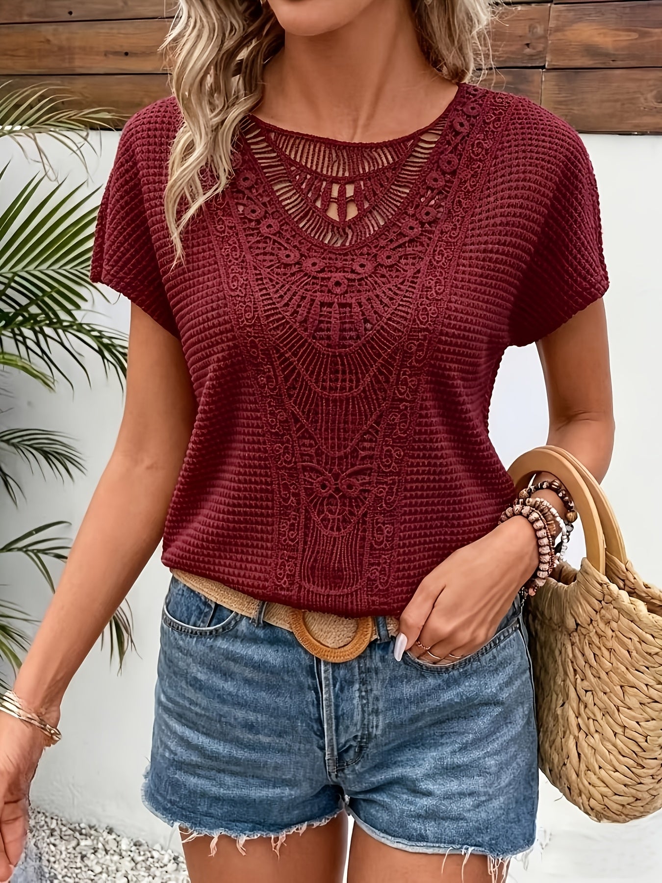 Damen T-Shirt – Spitze Off-Shoulder & Waffelstruktur Elegant