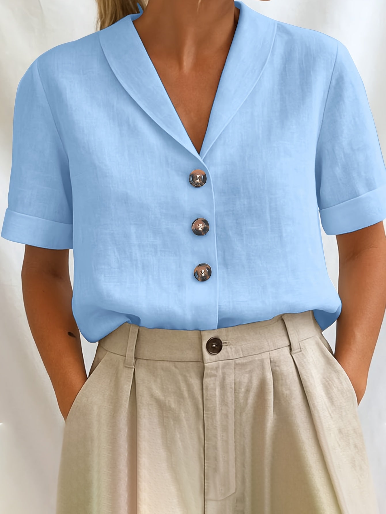 Damen Bluse – Locker & Reverskragen Kurzarm Einfarbig