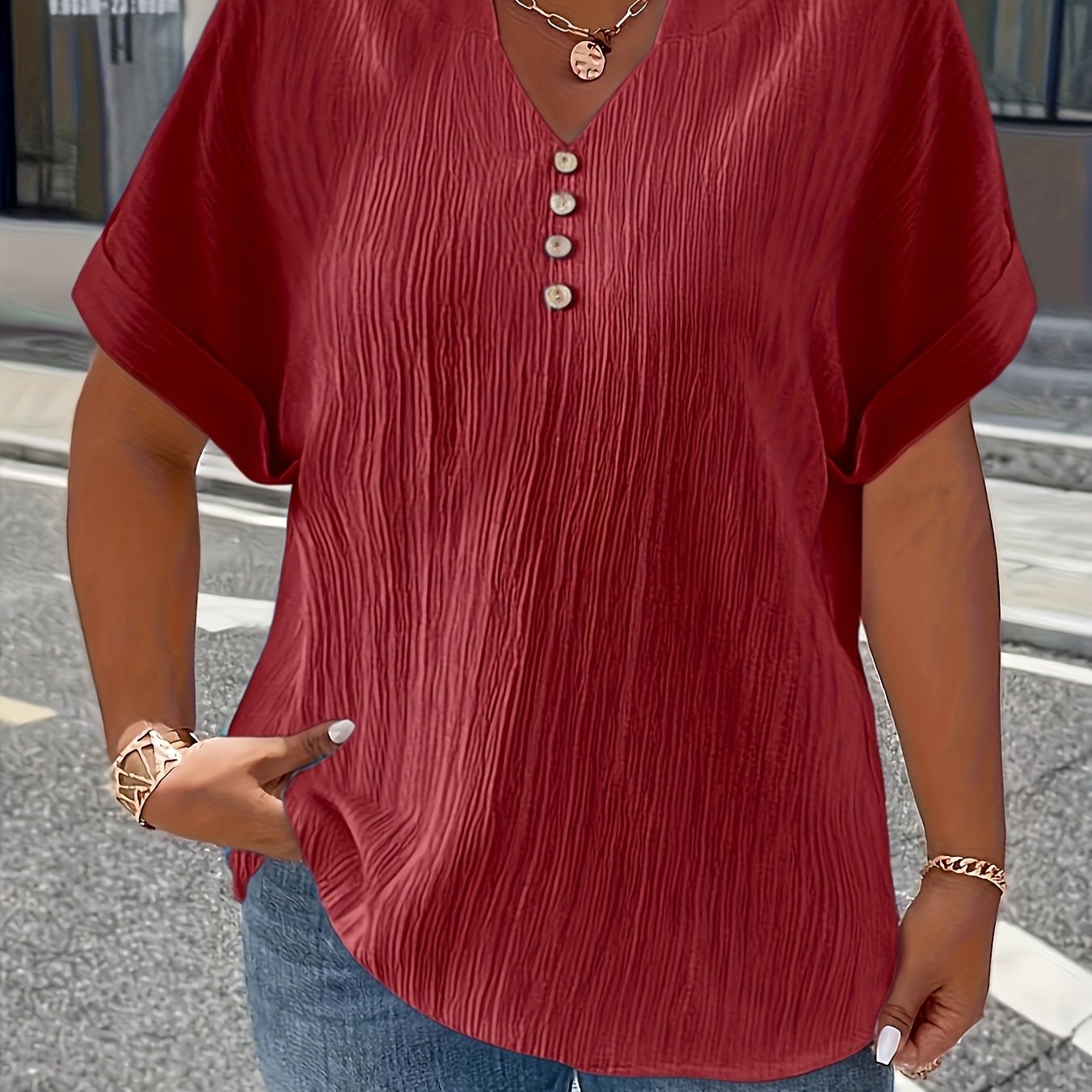 Damen Plus Size T-Shirt – Elegant Kurzarm mit Knopfleiste