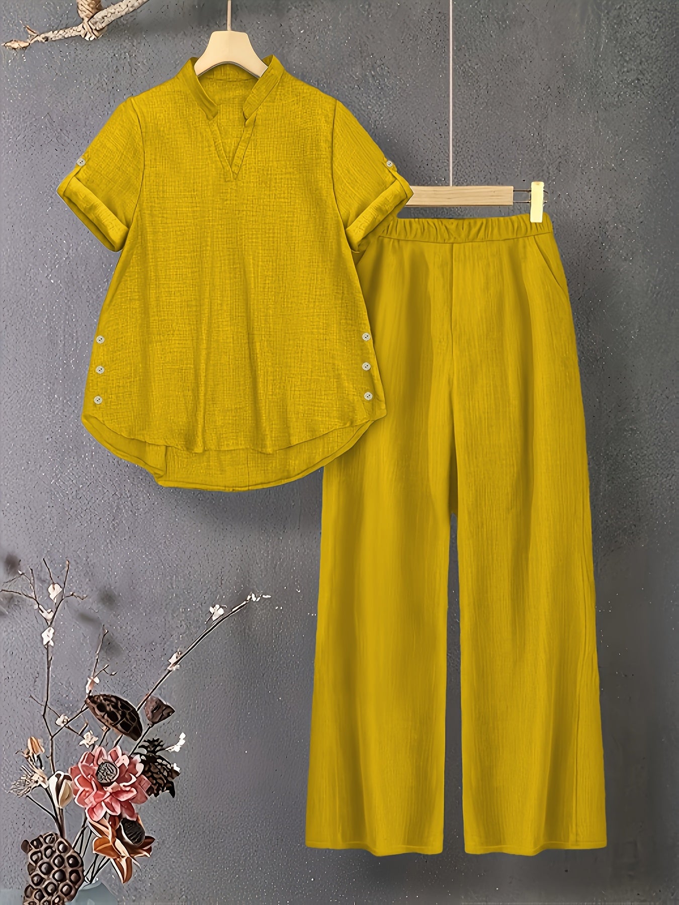 Damen Zweiteiler mit V-Ausschnitt Top und Elastischer Hose