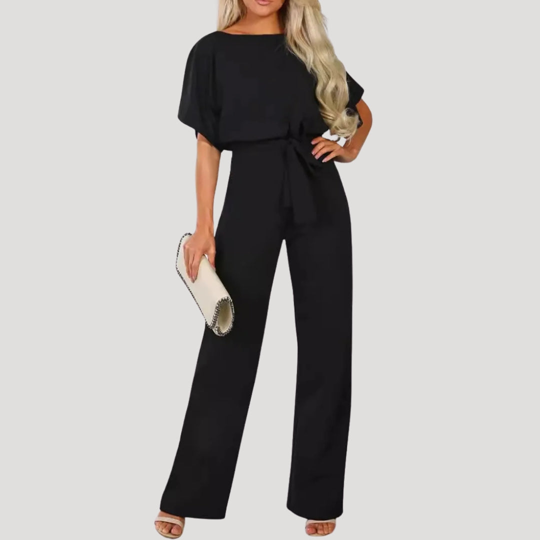 Damen Jumpsuit – Kurzarm & Bindegürtel mit weitem Bein Elegant
