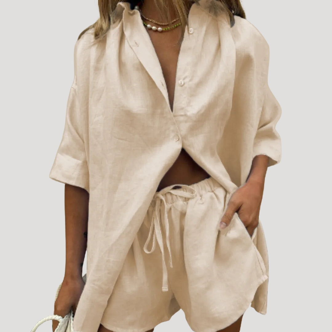 Damen Leinen Set – Oversize Hemd & Shorts Sommer