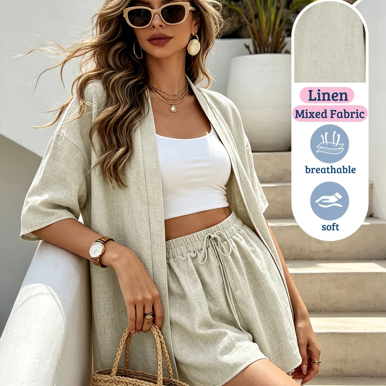 Damen Resort Set aus Leinenmix mit Cardigan und Shorts