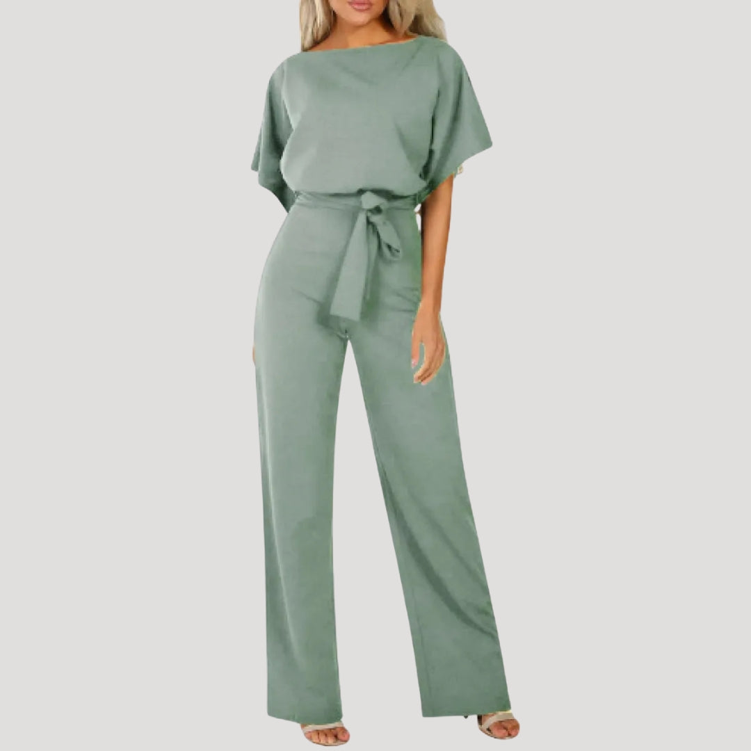 Damen Jumpsuit – Kurzarm & Bindegürtel mit weitem Bein Elegant