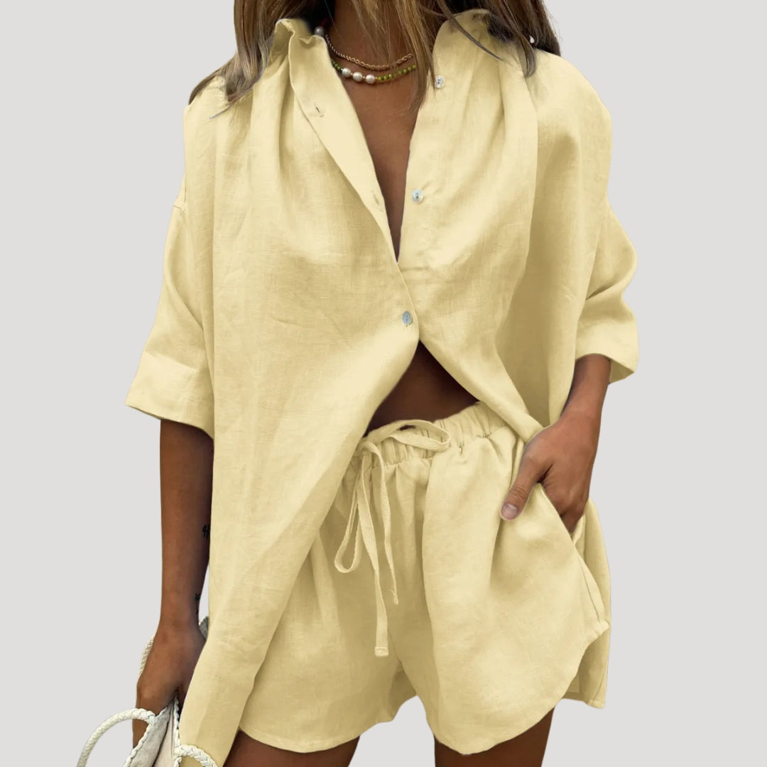 Damen Leinen Set – Oversize Hemd & Shorts Sommer