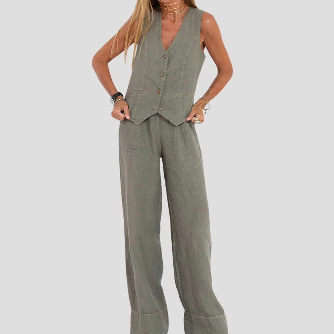 Damen Zweiteiliges Set – Weste & Leinenhose Stilvoll