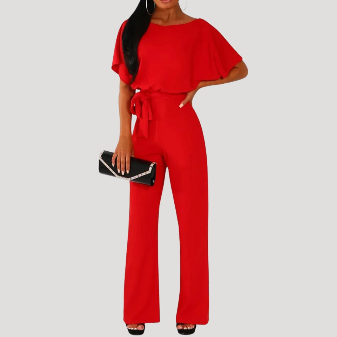 Damen Jumpsuit – Kurzarm & Bindegürtel mit weitem Bein Elegant