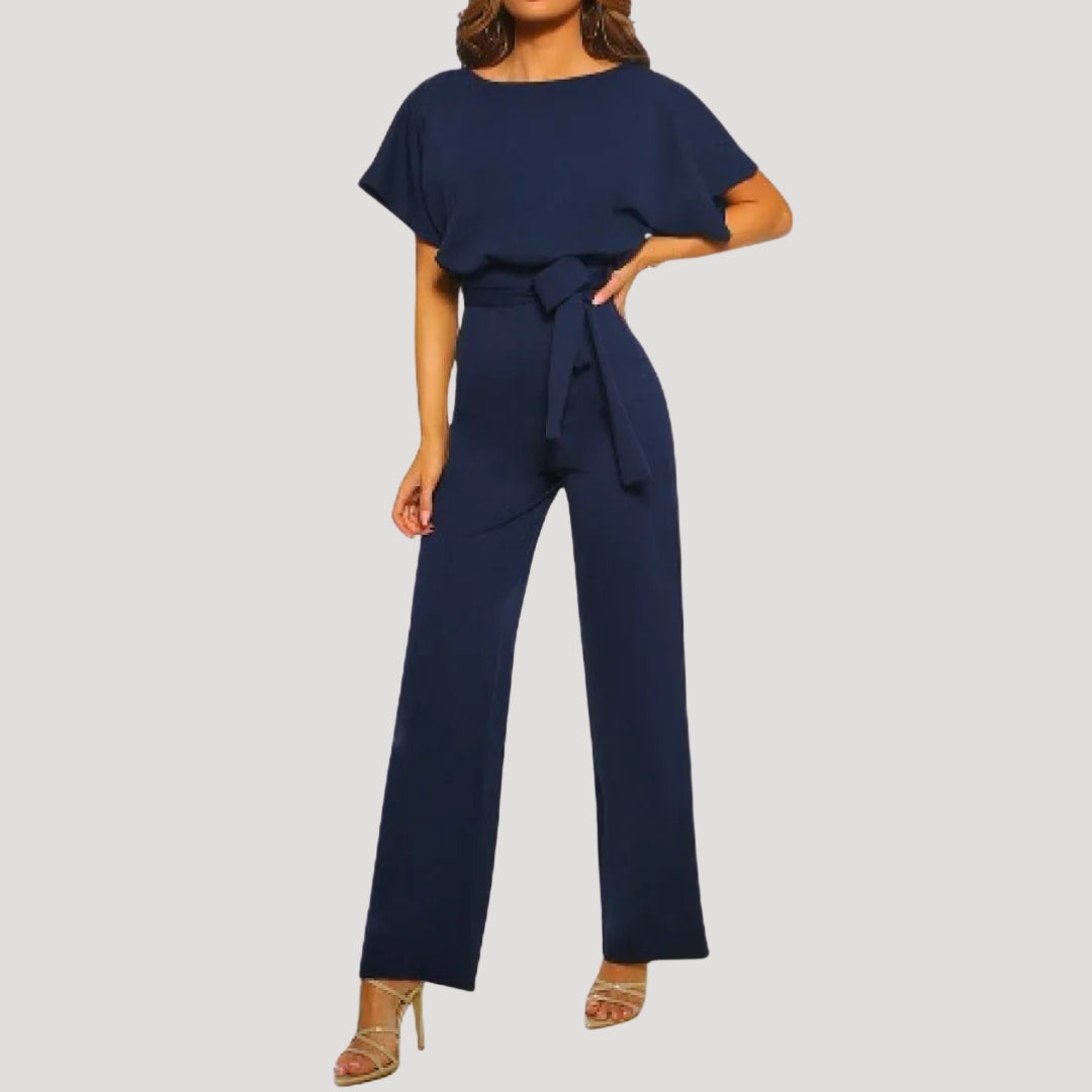 Damen Jumpsuit – Kurzarm & Bindegürtel mit weitem Bein Elegant