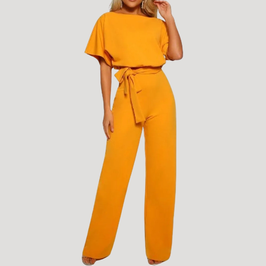 Damen Jumpsuit – Kurzarm & Bindegürtel mit weitem Bein Elegant