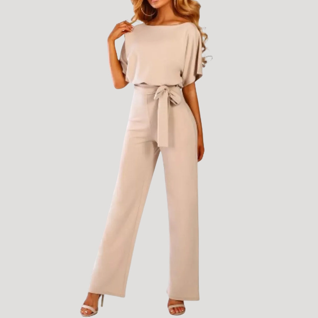 Damen Jumpsuit – Kurzarm & Bindegürtel mit weitem Bein Elegant