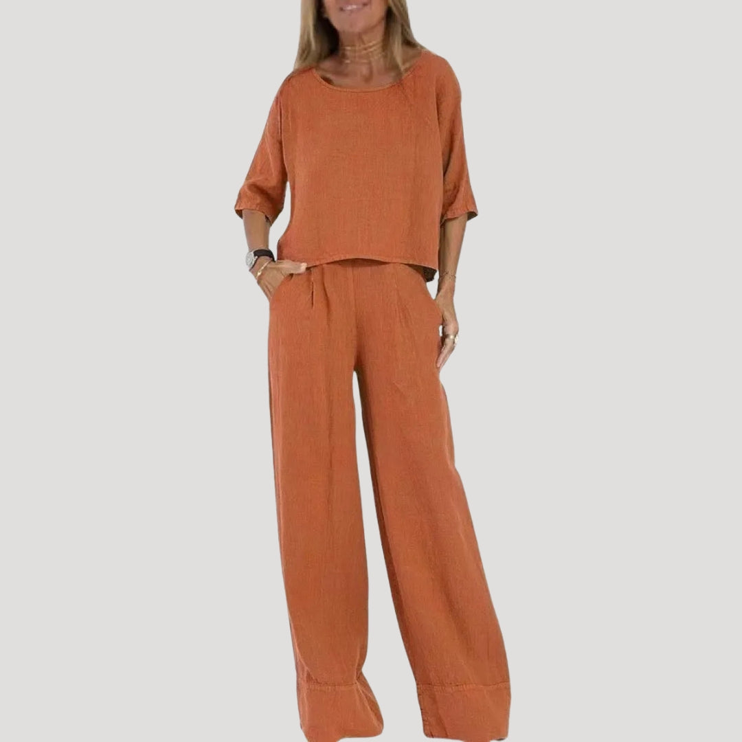 Damen Zweiteiliges Leinen Set – Top & Weite Hose