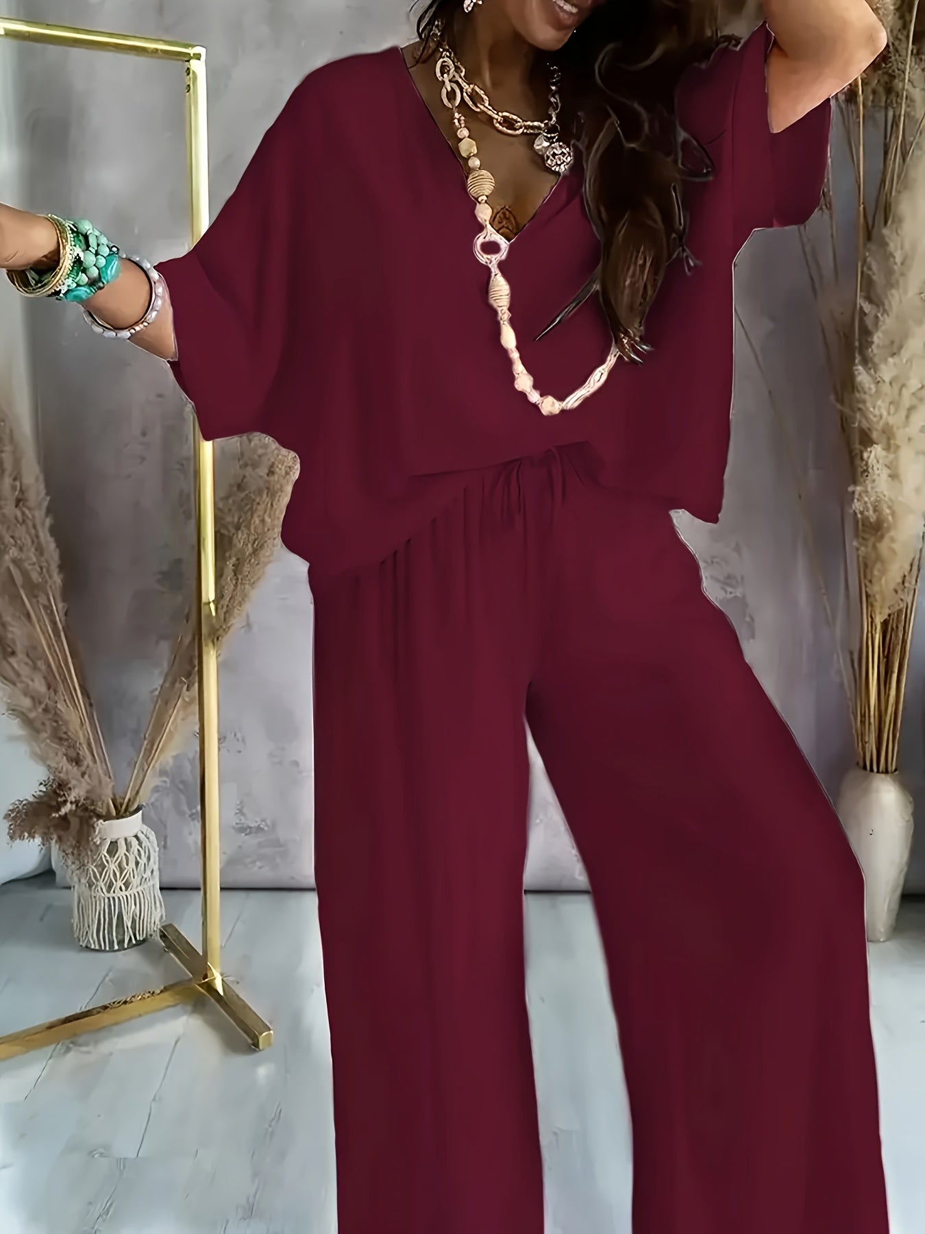 Damen Set – V-Ausschnitt & Weite Hose Lässig Elegant