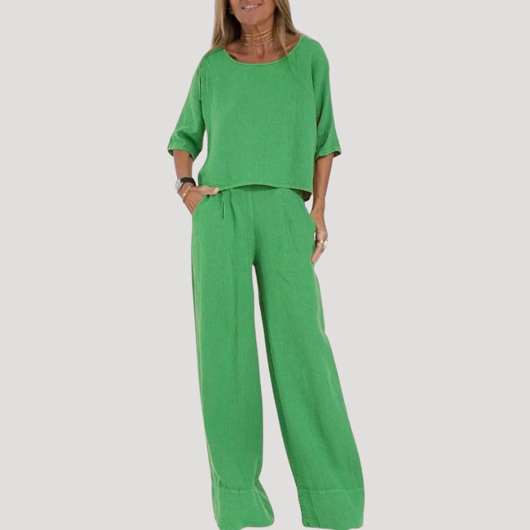 Damen Zweiteiliges Leinen Set – Top & Weite Hose