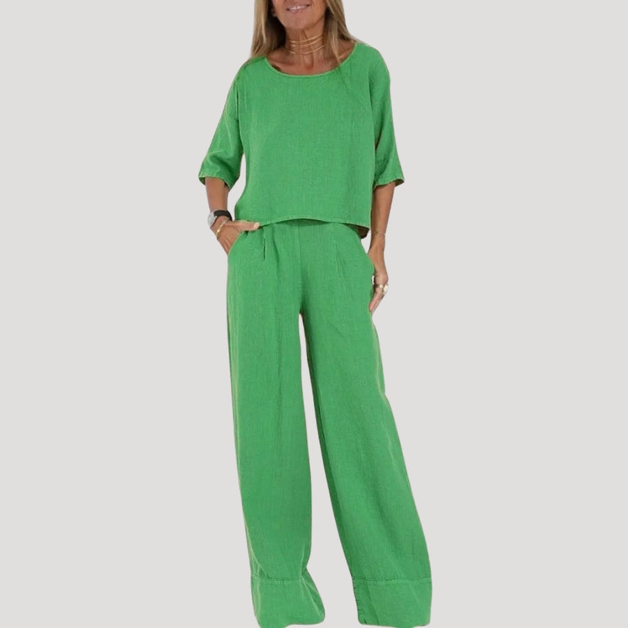 Damen Zweiteiliges Leinen Set – Top & Weite Hose