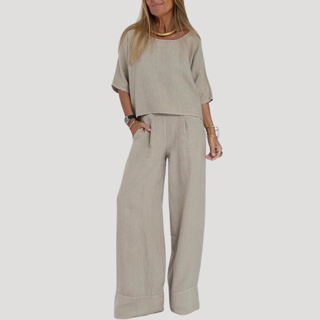 Damen Zweiteiliges Leinen Set – Top & Weite Hose