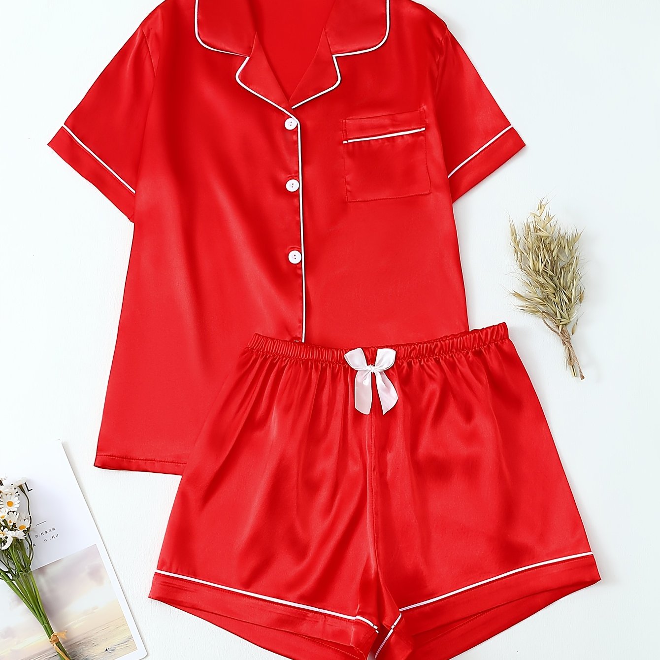 Damen Pyjama Set – Satin Kurzarm Elegant