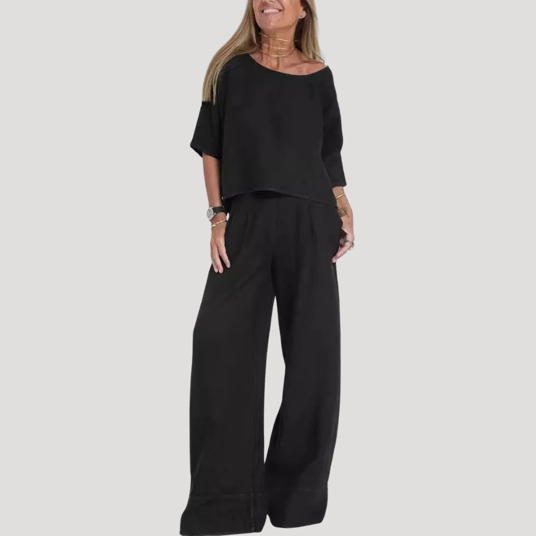 Damen Zweiteiliges Leinen Set – Top & Weite Hose