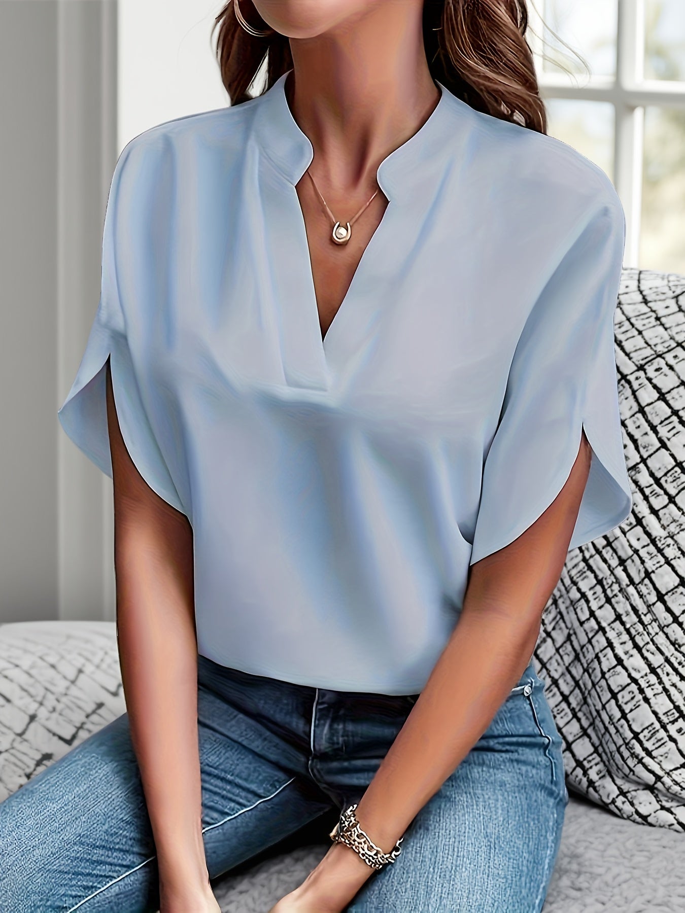 Damen Bluse – V-Ausschnitt Fledermausärmel Locker Elegant