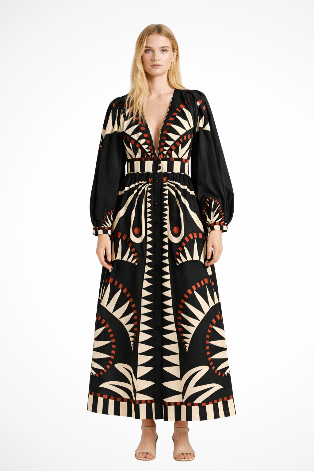 Thea Damen Maxikleid – V-Ausschnitt & Print mit Stufenrock Elegant