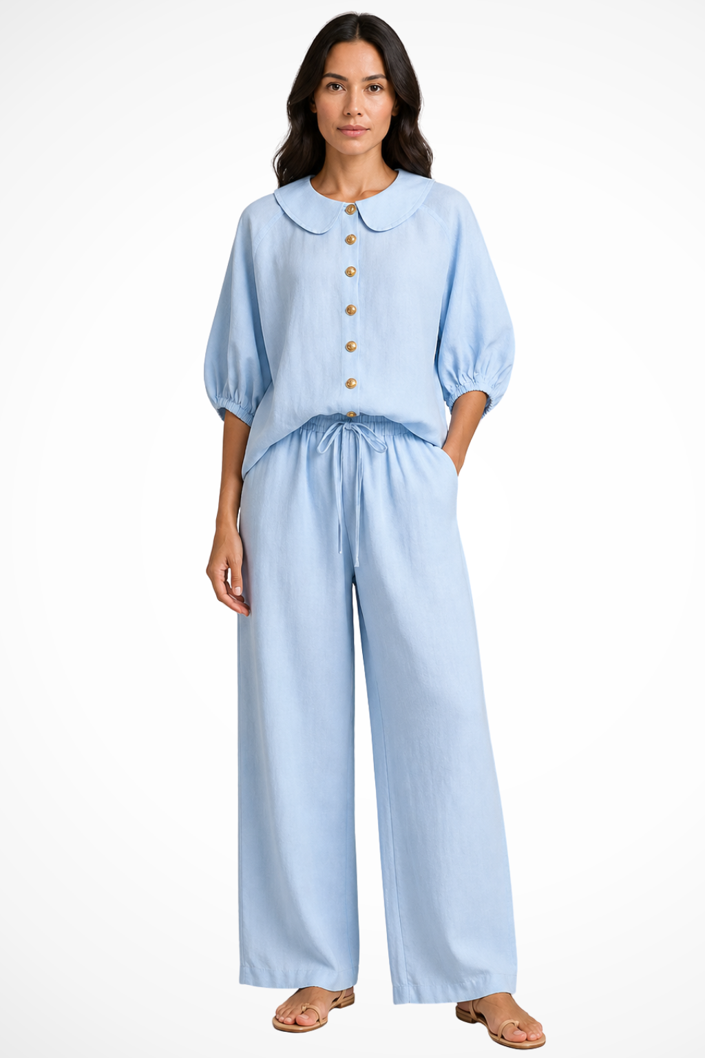 Cordelia Damen Leinen Set – Bluse mit Peter-Pan-Kragen & Weite Hose