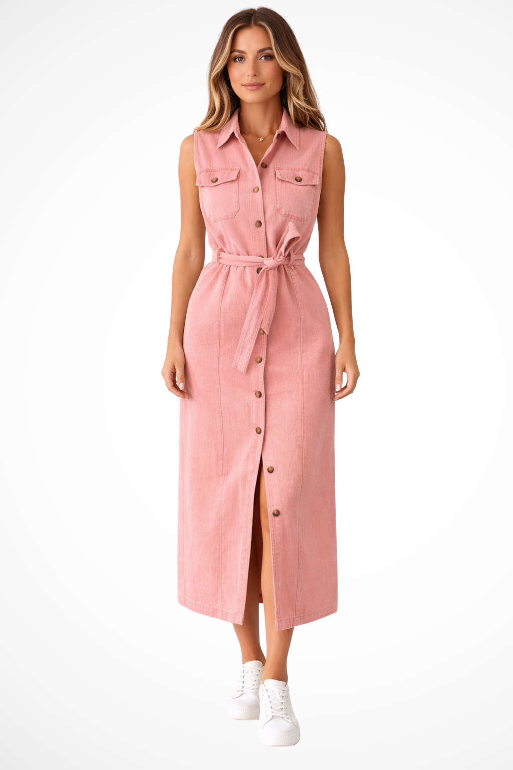 Lottie | Damen Denim Maxikleid – Ärmellos & Mit Gürtel Elegant