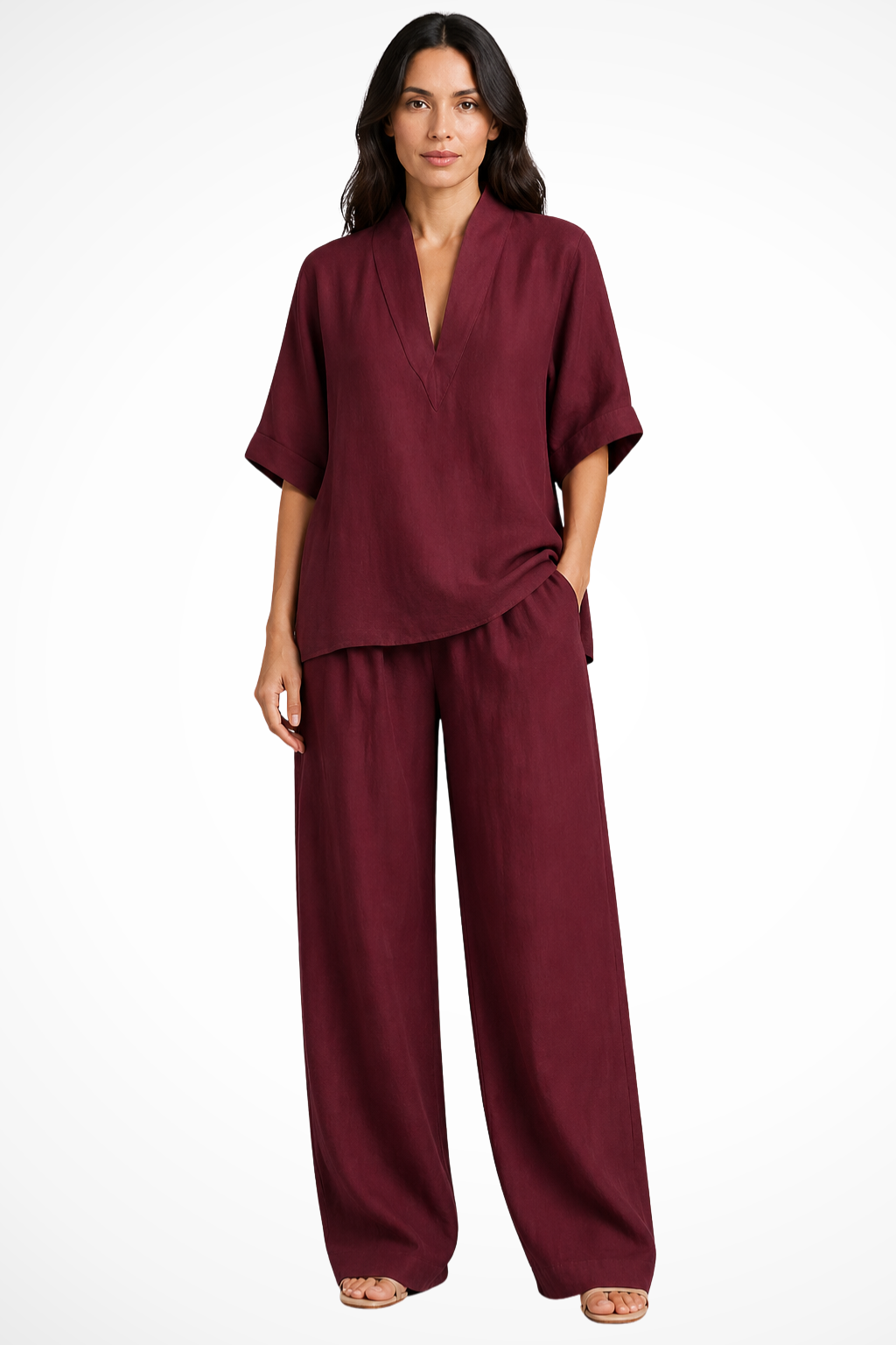 Rosalind Damen Leinen Set – V-Ausschnitt Top & Weite Hose