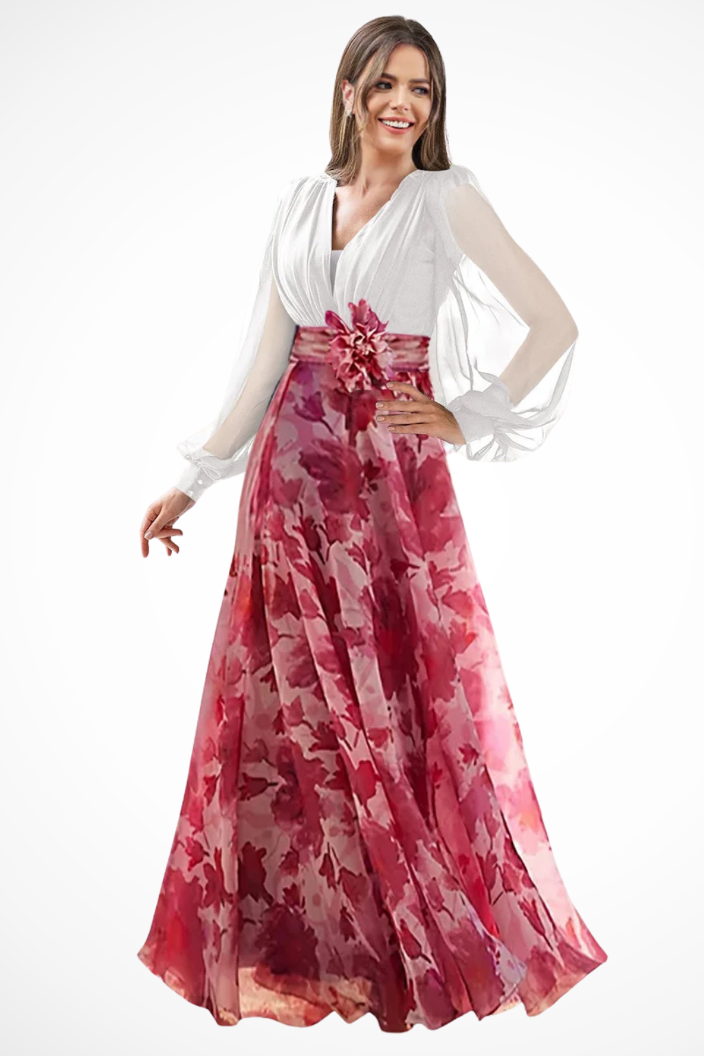 Valentina Damen Maxikleid – V-Ausschnitt & Ballonärmel Floral Elegant