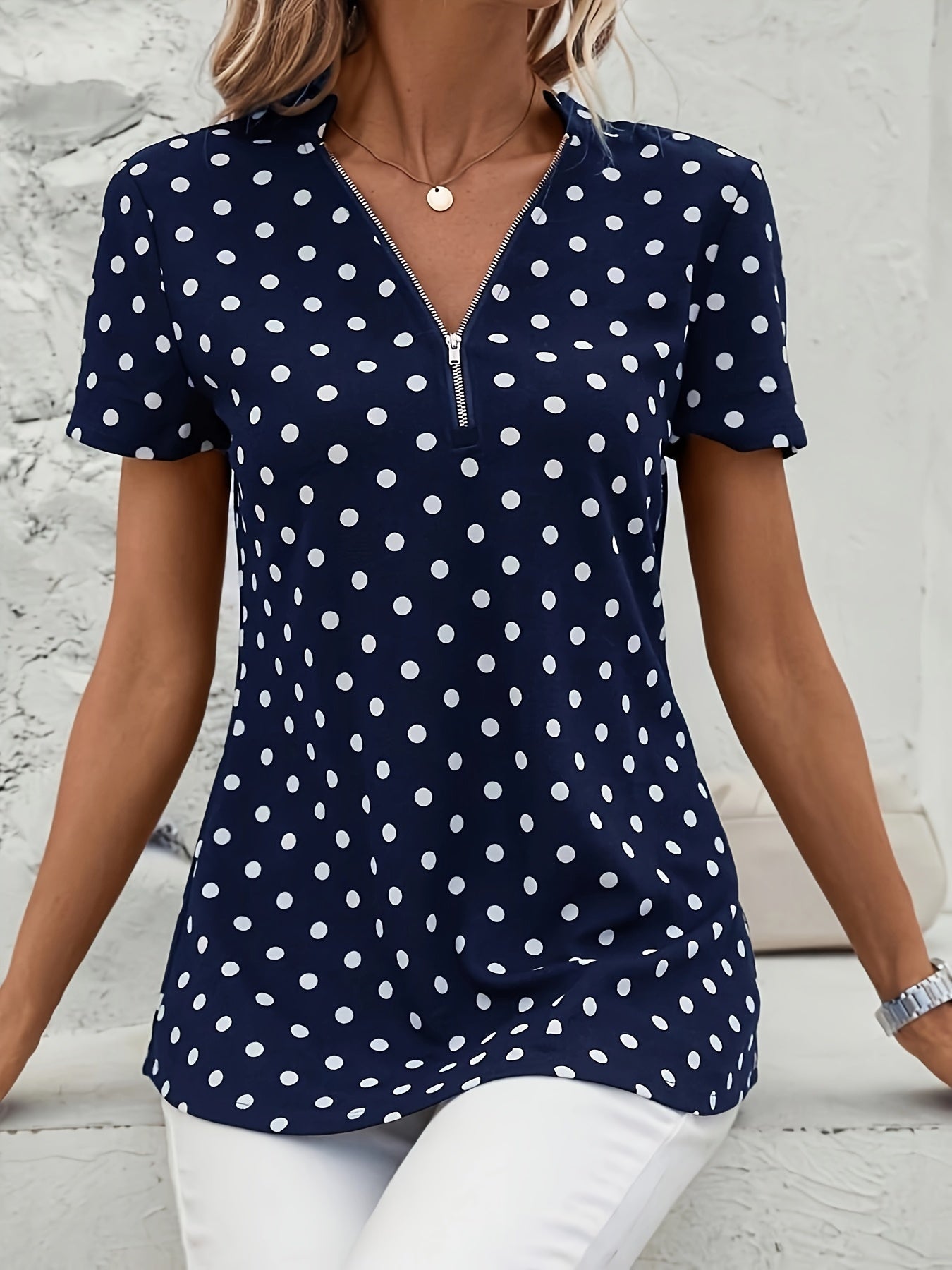 Damen Zip-Up Top mit Polka Dot Print
