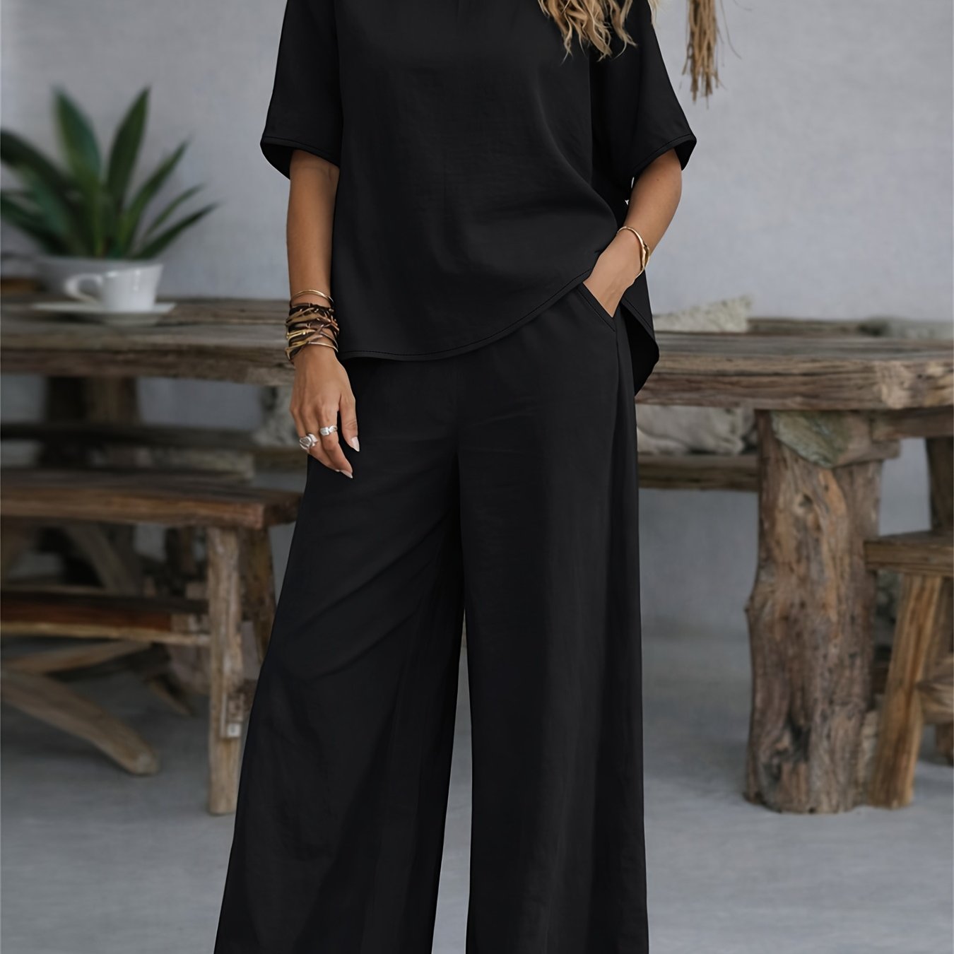 Damen Set – Zweiteiler Shirt & Weite Hose Lässig