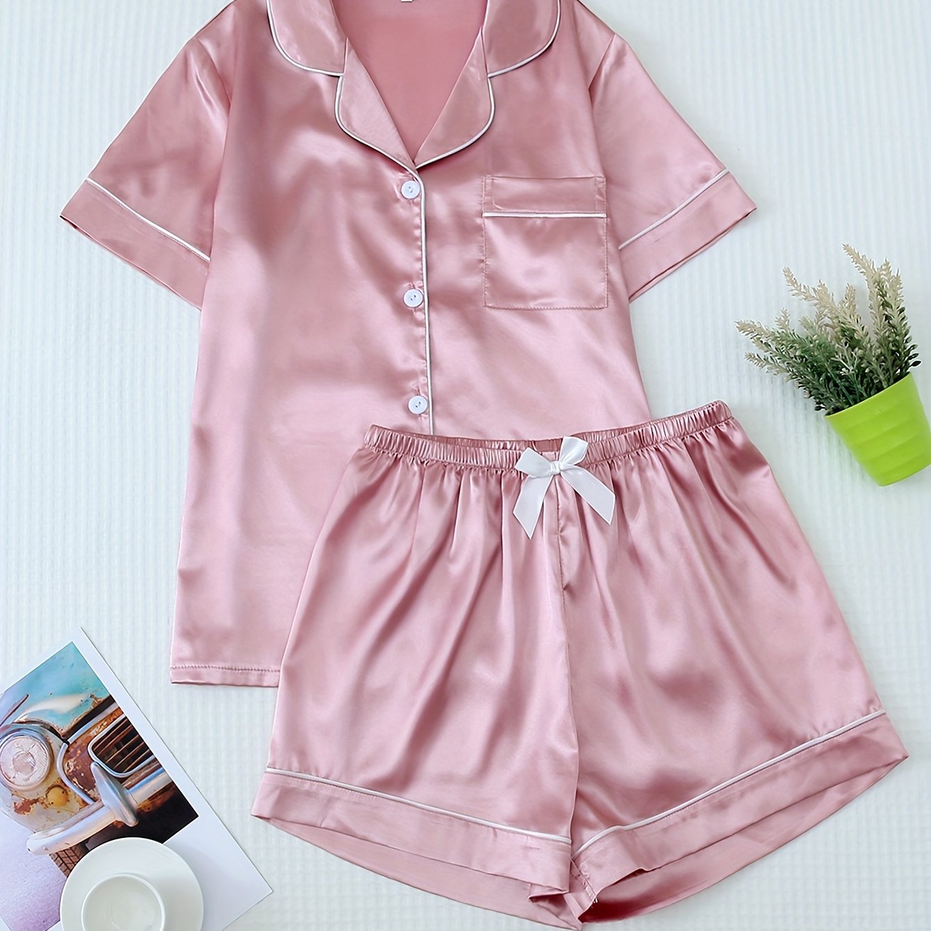 Damen Pyjama Set – Satin Kurzarm Elegant
