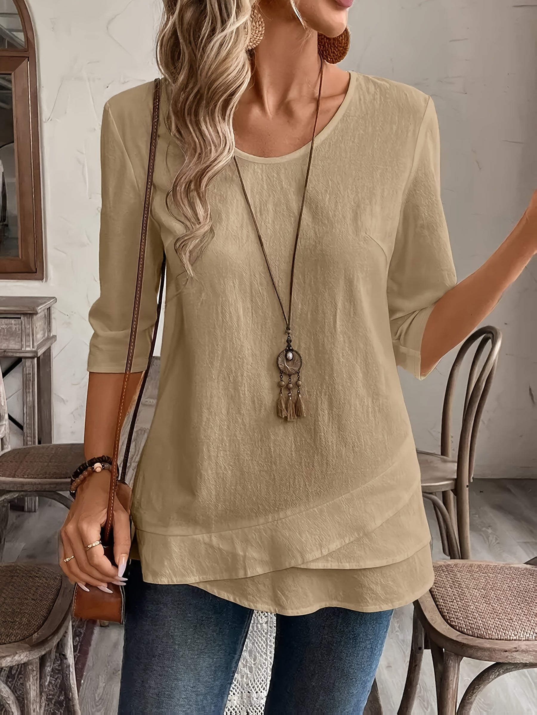 Damen Shirt – Rundhals Patchwork & Lässig