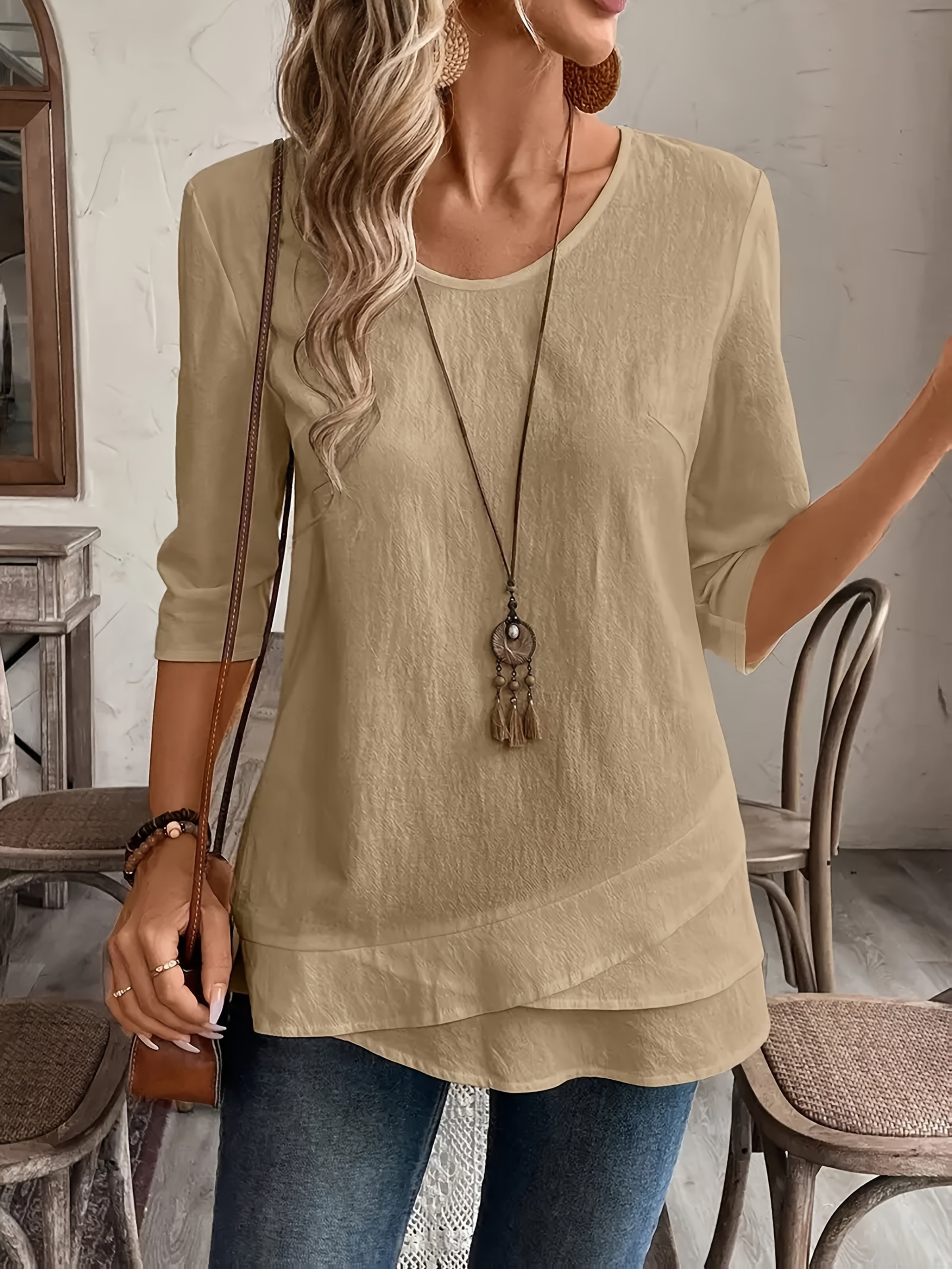 Damen Shirt – Rundhals Patchwork & Lässig