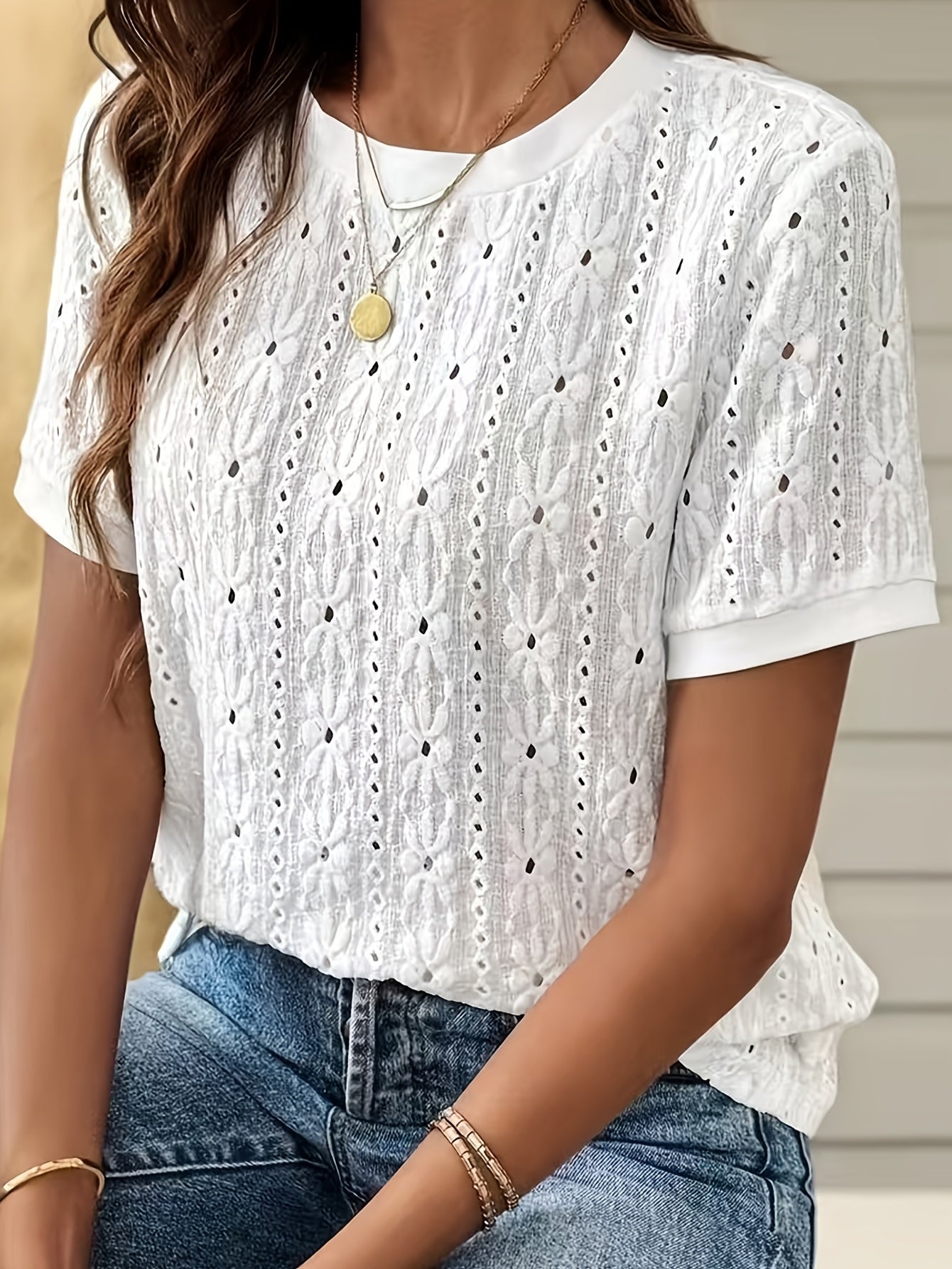 Damen T-Shirt – Jacquard & Rundhals Kurzarm Minimalistisch