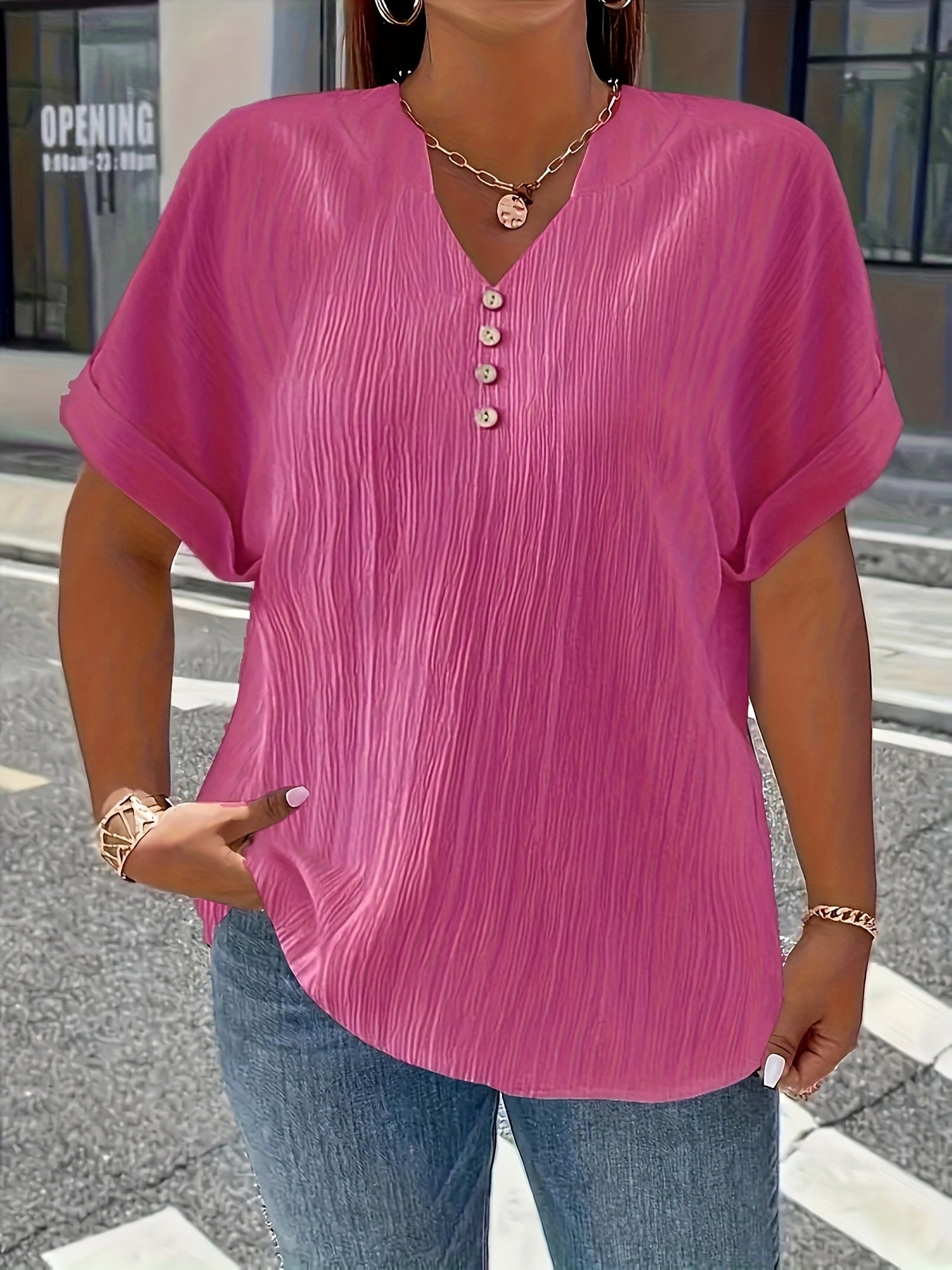 Damen Plus Size T-Shirt – Elegant Kurzarm mit Knopfleiste