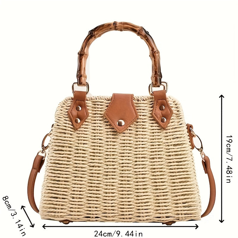 Damen Strandtasche Geflochten mit Bambusgriff