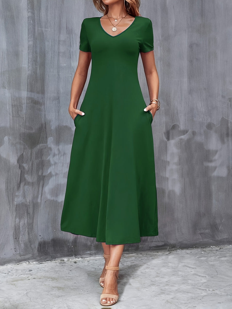 Damen A-Linien Kleid – V-Ausschnitt mit Taschen Elegant