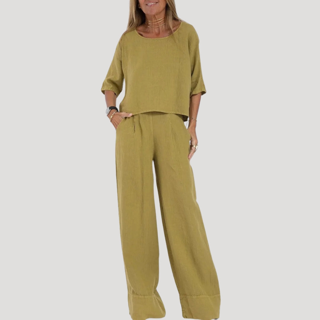 Damen Zweiteiliges Leinen Set – Top & Weite Hose