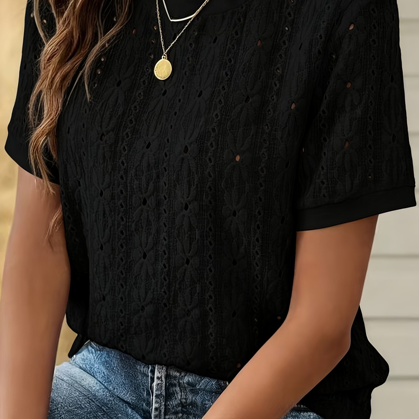 Damen T-Shirt – Jacquard & Rundhals Kurzarm Minimalistisch