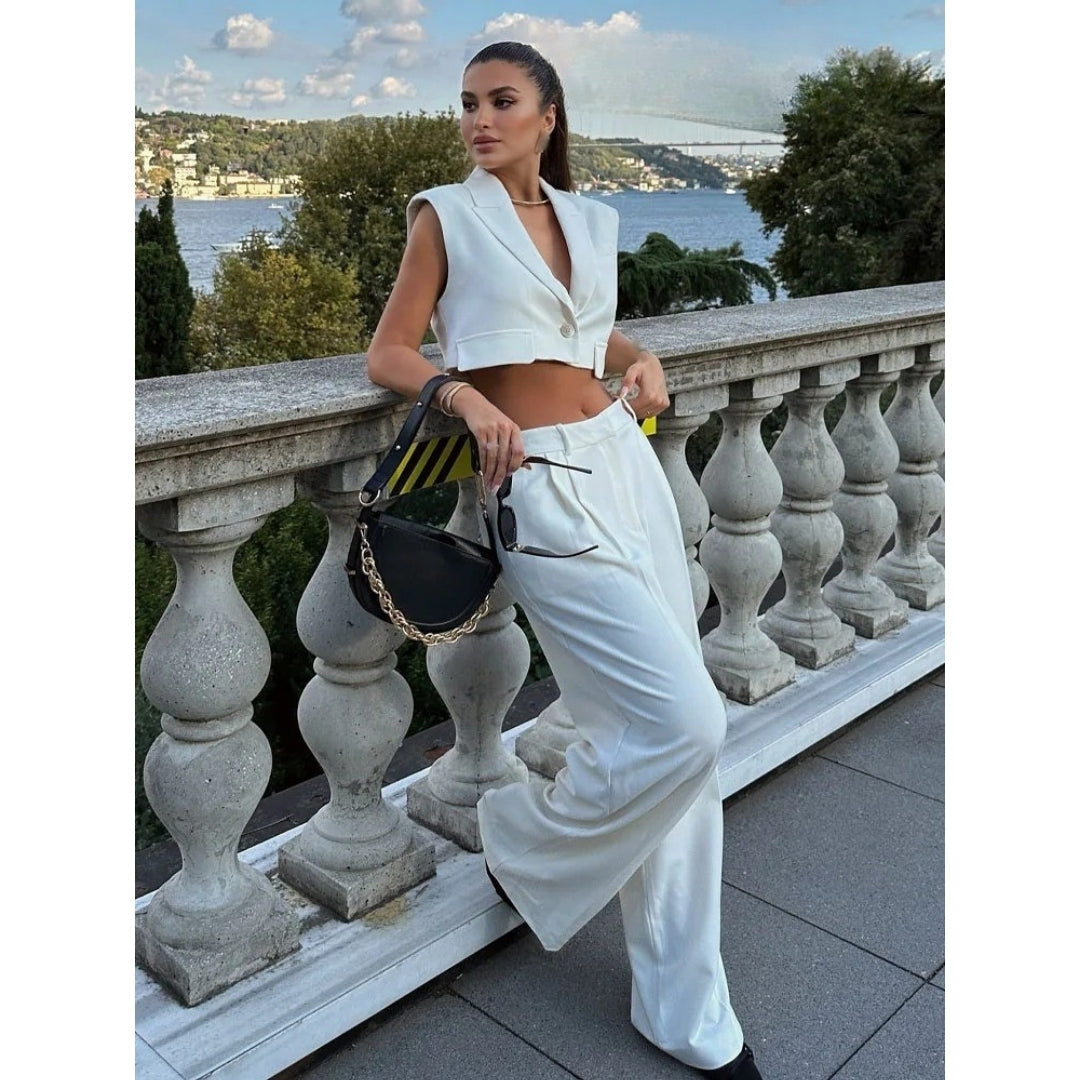 Damen Zweiteiliges Set – Sommerweste & Weite Anzughose Elegant